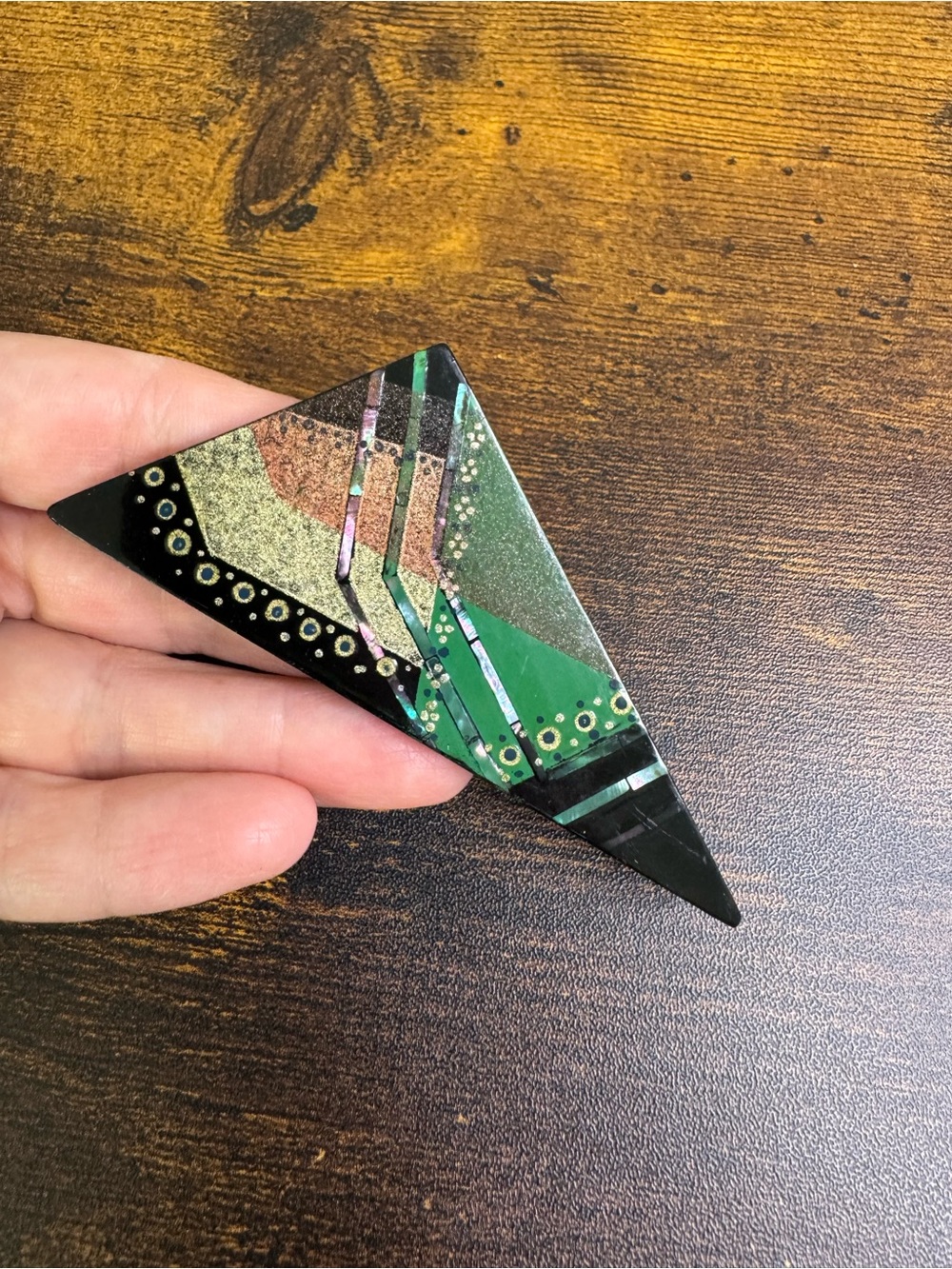 Geometric Green and Black Enamel Brooch